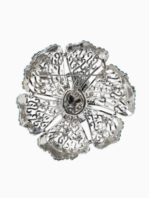 Брошь «Цветок» сапфир, стразы, цвет сний в серебре