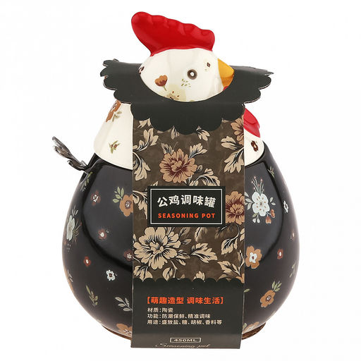 Банка для специй фарфоровая Петушок 460мл, д8-10,5см, h8,2см, с выемкой для ложки, общая h14,7см, металлическая ложка Веточка 12,3см, черный/бежевый с цветочками (Китай) - Домашняя мода фото 7