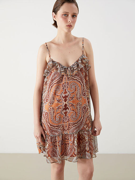 F?rf?rl? V Yaka Etnik Desenli Mini Elbise