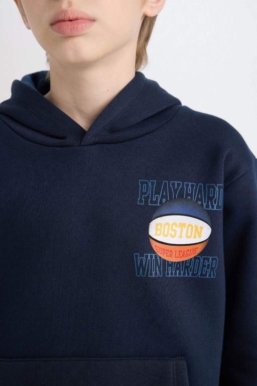 Темно-синий толстый свитшот обычного кроя с капюшоном и принтом на спине для мальчиков - Defacto фото 5