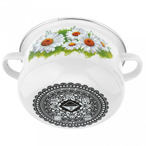 "Ромашки лето" Кастрюля эмалированная 2л, д17см, h12,5см, коническая форма, металлическая крышка, ободок из нержавеющей стали, белый (Россия)