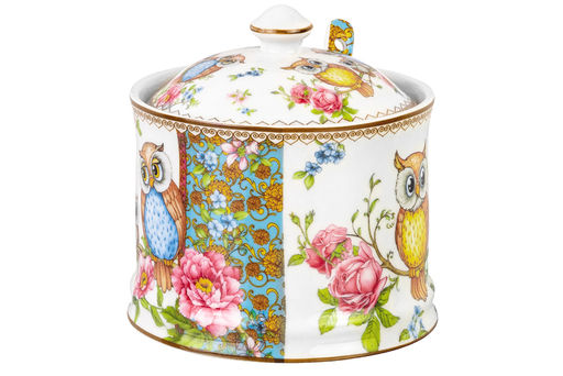 Сахарница 250 мл 9*9*10 см "Совушки" с ложкой, фарфор NEW BONE CHINA