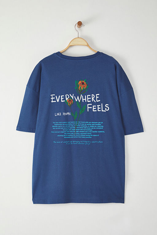 _ndigo B_y_k Beden Oversize/Geni_ Kesim _i_ek Nak__l_ %100 Pamuk T-Shirt TMNSS25BF00024 - Trendyolmilla фото 2