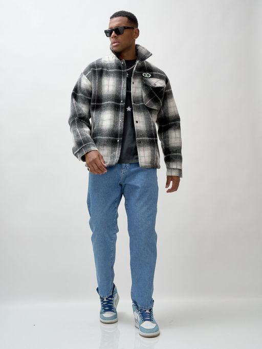 Куртка рубашка шерстяная в клетку мужская демисезонная темно-серого цвета 58592TC