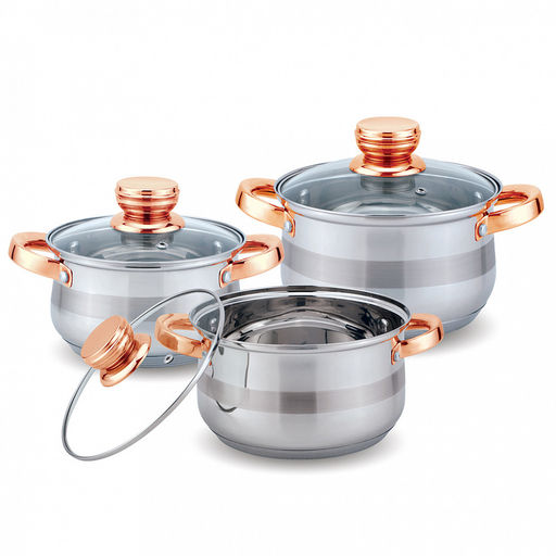 Набор посуды из нержавеющей стали "Kelli" 3 предмета: кастрюля 2,1л - д16см, 3л - д18см, 4л - 20см, шкала измерения, зеркальная поверхность, стеклянная крышка, пароотвод, клепаные ручки, 5-ти слойное капсульное дно, цветная коробка (Китай) Подходит д