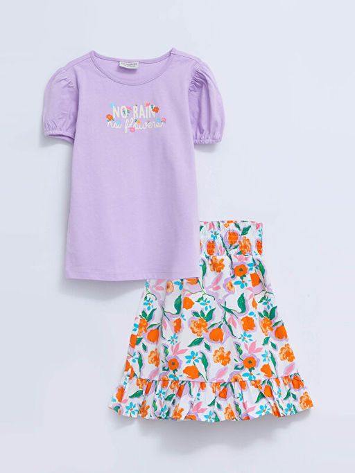 Bisiklet Yaka Bask?l? K?sa Kollu K?z ?ocuk Bluz ve Etek