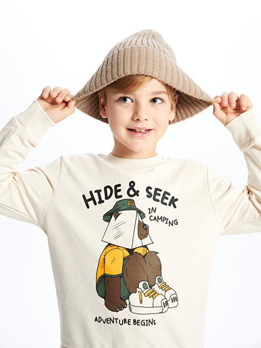 Bisiklet Yaka Bask?l? Uzun Kollu Erkek ?ocuk Sweatshirt