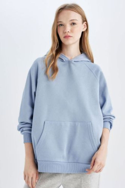 Oversize Genis Kal?p Kapusonlu Kanguru Cepli Kal?n Basic Duz Sweatshirt