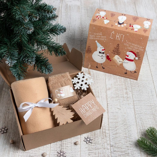 Новогодний подарочный набор «Снеговики» (плед, носки, 2 игрушки, открытка)