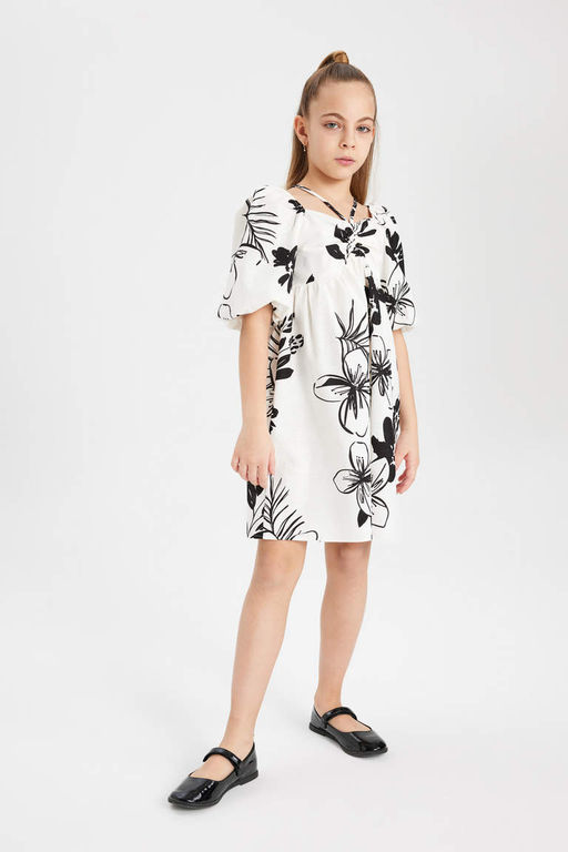 Хлопковое платье с короткими рукавами и рисунком для девочек - Defacto фото 2