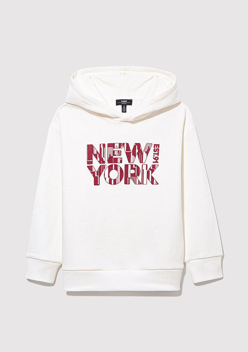 New York Bask?l? Kapusonlu Beyaz Sweatshirt - Mavi фото 2