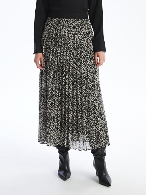 Beli Lastikli Desenli ?ifon Kad?n Pileli Etek