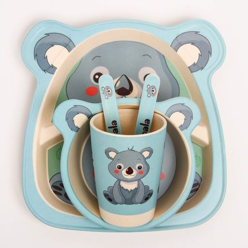 Набор бамбуковой посуды Коала, тарелка, миска, стакан, приборы, 5 предметов - Крошка я фото 9