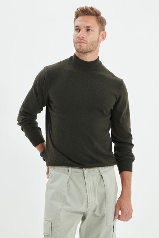 Haki Slim Fit Y_nl_ Yar_m Bal_k__ Yaka Basic Triko Kazak TMNAW21KZ1595 - Trendyolmilla фото 2
