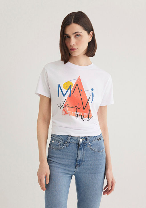 Ucgen Bask?l? Beyaz Istanbul Tisort - Mavi фото 3