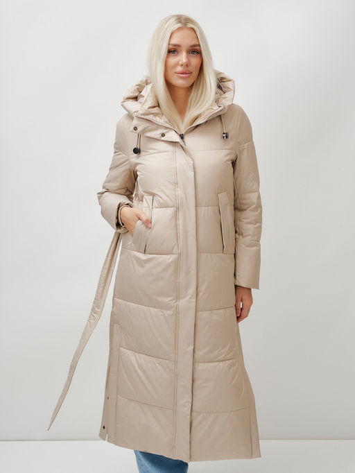 Пальто утепленное стеганное зимнее с капюшоном женское бежевого цвета 9605B - Mtforce фото 7