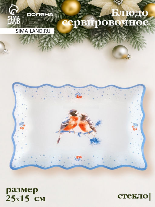 Блюдо сервировочное новогоднее Доляна «Снегири на ветке«», 25×16 см, стекло, белое, голубое