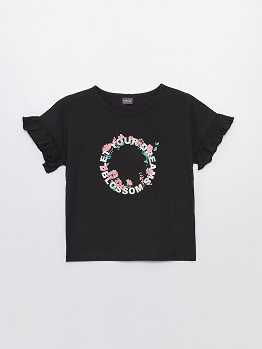 Bisiklet Yaka Bask?l? K?sa Kollu K?z ?ocuk Ti??rt