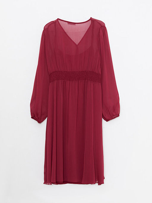 V Yaka D?z Uzun Kollu ?ifon Elbise