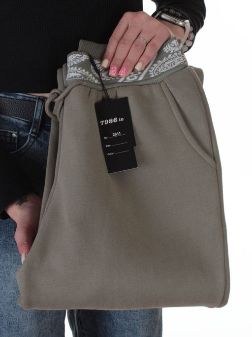 2611 GRAY/GREEN Штаны утепленные спортивные женские (85% хлопок, 10% полиэстер, 5% спандекс)
