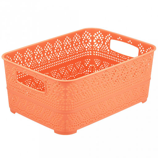 "Домашняя мода" Корзина пластмассовая для хранения "Вышивка" 26,5х19см h11,1см, матовый пластик, с серой крышкой, с ручками, кирпичный (Китай)