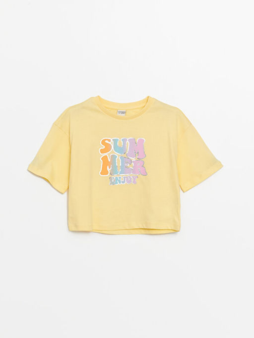 Bisiklet Yaka Bask?l? K?sa Kollu K?z ?ocuk Crop Ti??rt