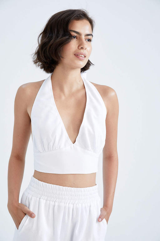 Укороченная блузка из льняной смеси приталенного воротника с бретелькой на шее - Defacto фото 6