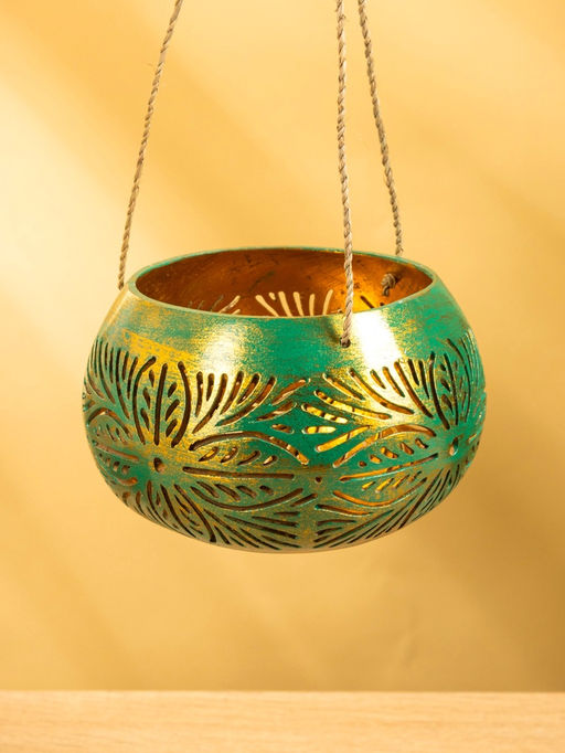 Подсвечник подвесной из кокоса, 14×14×10 см, голубой с золотым