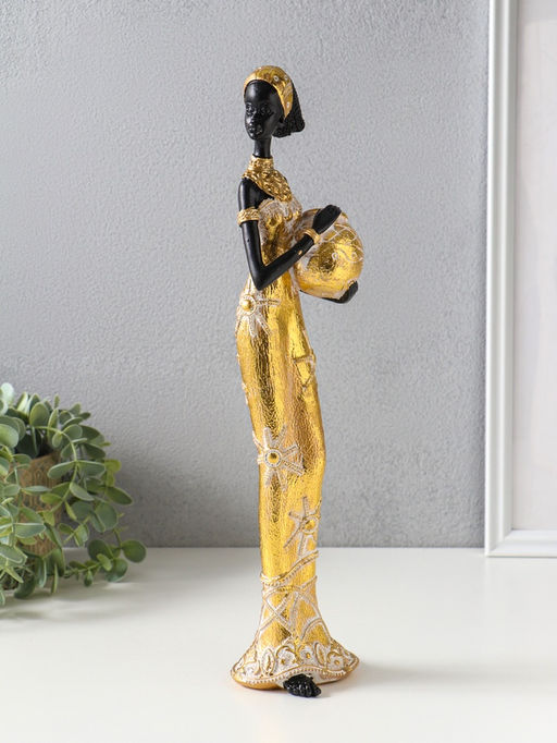 Фигура полистоун «Африканка с кувшином, с повязкой в волосах», бело-золотой, 9×8×37.5 см