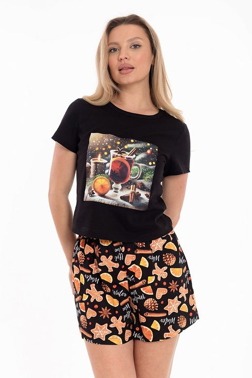 Пижама футболка и шорты М325441Пчо черный/оранжевый