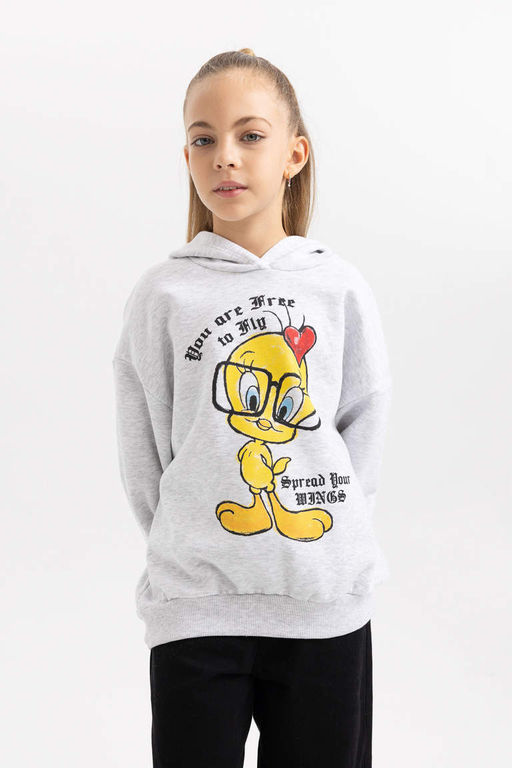 Мягкий толстый толстый свитшот оверсайз с капюшоном Looney Tunes для девочек - Defacto фото 3