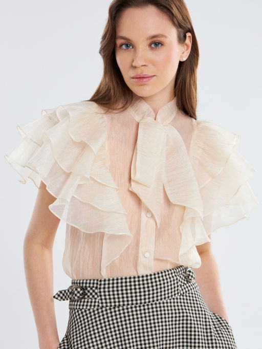 Блузка из органзы с рюшами и бантом OD-929-4 молочный