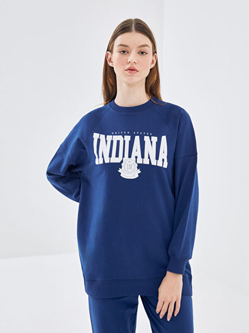 Bisiklet Yaka Bask?l? Oversize Kad?n Sweatshirt Tunik