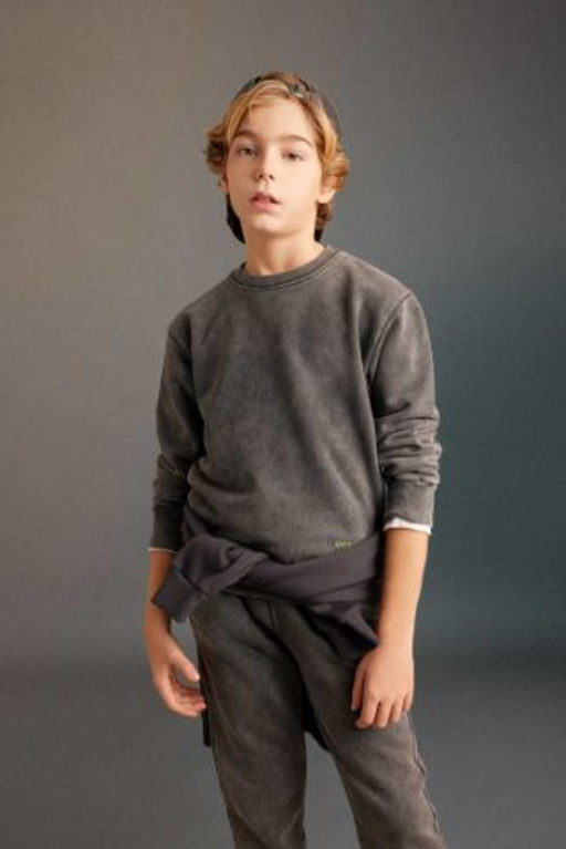 Erkek Cocuk Oversize Genis Kal?p Bisiklet Yaka Y?kamal? Soluk Efektli Bask?l? Sweatshirt