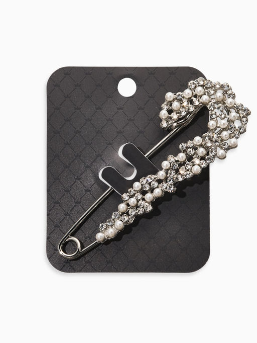 Булавка Жемчужная россыпь со стразами, 7.5 см, белая в серебре