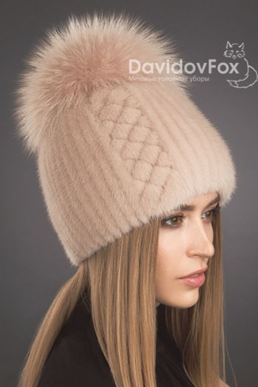 Шапка Лыжница норка орнамент дымчатая роза