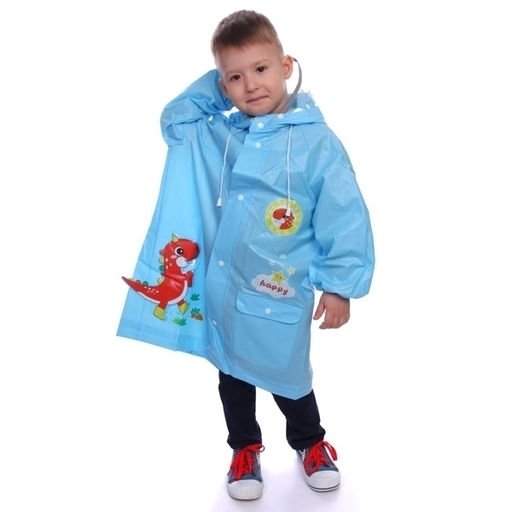 Дождевик-плащ детский "Рокки-Динозаврик" с капюшоном, рукава на резинке, цвет голубой, размер L(68*50см) ДоброСад