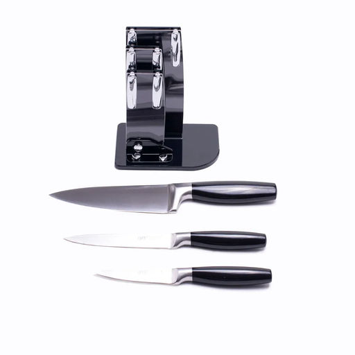 6988 GIPFEL Набор кухонных ножей LAURITO 3 пр. на акриловой подставке. Материал лезвия: нерж. сталь 3CR13. Материал ручек: нерж. сталь. Размер лезвий ножей: 15см, 12,7см, 9см. Цвет: черный  фото 8