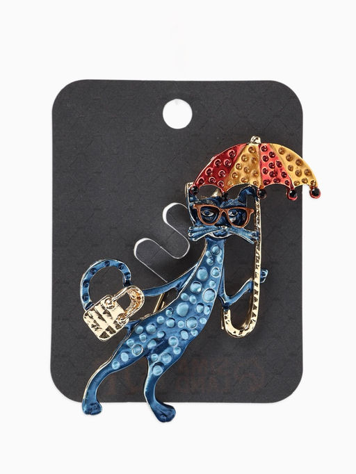 Брошь «Кошка» с зонтом, цветная в золоте