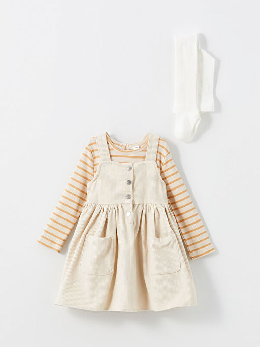 Kare Yaka Kadife K?z Bebek Elbise ve Ti??rt 2li