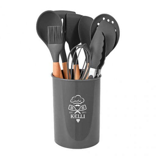 Кухонный набор Kelli 10 предметов: лопатка для жарки, кисточка, щипцы, лопатка кондитерская, половник, шумовка, лопатка с отверстиями, ложка для салатов, венчик, подставка, силикон, бамбук, серый (Китай)