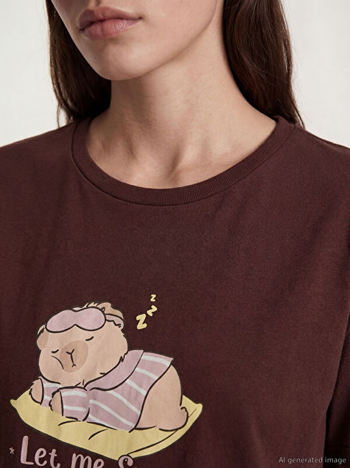 Bisiklet Yaka Bask?l? Kad?n Gecelik