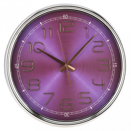 Часы настенные Гигант д41,5см, h6см, мягкий ход, циферблат фиолетовый полосатый; цифры арабские, серебряный; корпус пластик, серебряный; в коробке (Китай)