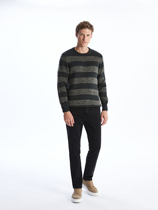 Bisiklet Yaka Uzun Kollu ?izgili Erkek Triko Kazak