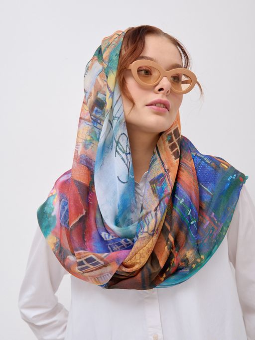 Большой, красивый двусторонний платок с рисунком в стиле арт-декои необычной текстурой ткани - Tantino фото 7
