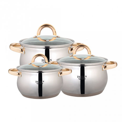 "Zeidan" Набор кастрюль из нержавеющей стали 3 штуки: 2,1л д16см h10,5см; 3,0л д18см h11,5см, 4,0л д20см h12,5см, стеклянные крышки, ручки "под золото", 5-ти слойное капсулированное индукционное дно, мерная шкала, подарочная коробка (Китай) Подходит