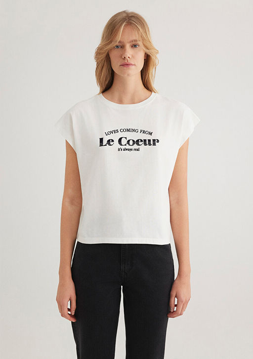 Bask?l? Beyaz Tisort - Mavi фото 4