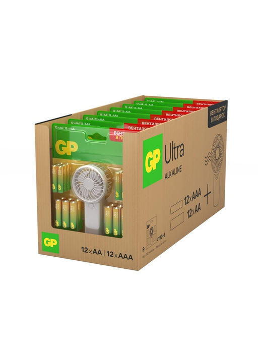 Батарейка алкалиновая GP Ultra, ААА+АА, LR03+LR6-24BL, 1.5В, блистер 12+12 шт., вентилятор