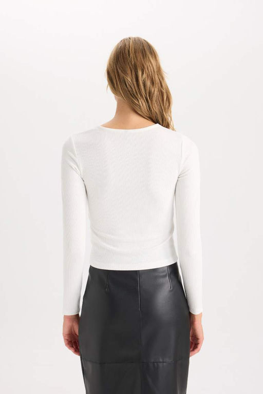 Облегающая футболка с круглым вырезом и длинными рукавами из простой ткани с блестками - Defacto фото 6