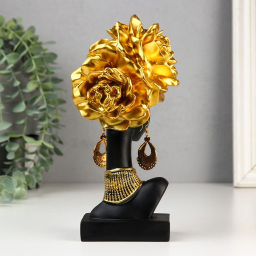Фигурка полистоун «Бюст. Африканка с золотыми розами в волосах, с ожерельем», чёрный, 24×10×11 см